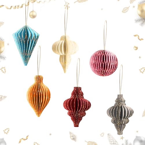 CIYIN 6 Piezas Bolas Nido de Abeja Navidad, 3D Mini Bolas de Adorno de Panal de Abeja con Borde Brillante, Adorno de Papel Colgantes, Decoración Navideña para Árbol de Navidad, Fiesta de Año Nuevo