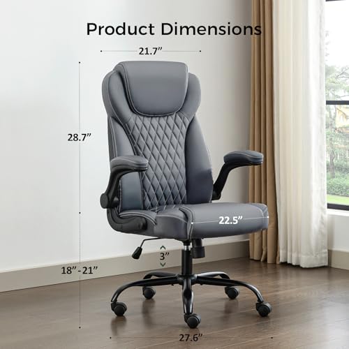 Image of amseatec Big and Tall Office Chair, Flip-Up, Executive Desk Chair, Grey | Ergonomic Leather High Back, Lumbar Support, 90 Lock, 115 Tilt, 20 Spring Packs, 300lbs Capacity, Wide Seat /Smooth Casters