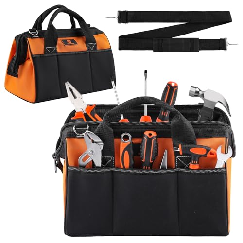 ROCKCOON Tool Bag 14'', Thick Outer Pocket Tool Organizer Waterproof, Heavy Duty Tote with Shoulder Strap for Tool Storage, Black & Orange