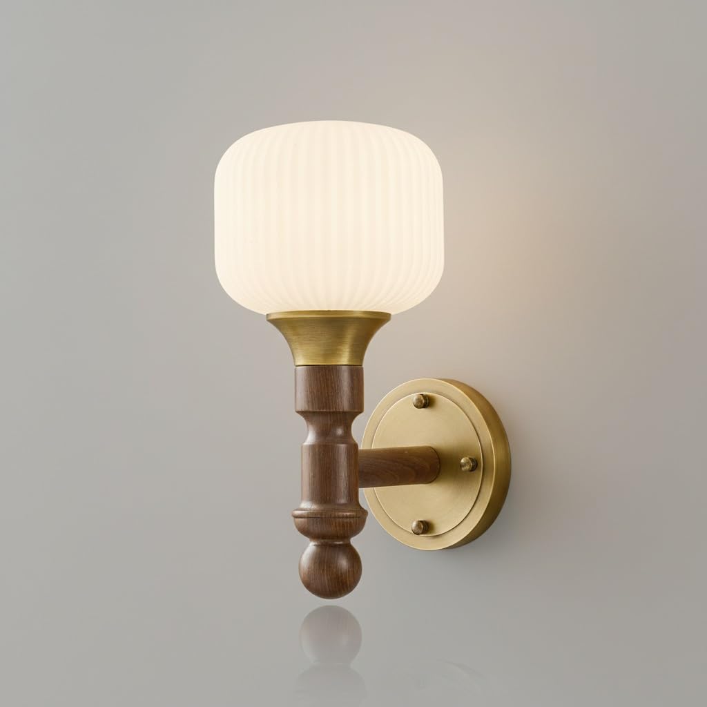 IvyLoutish Mid-Century Brass Wall Sconce, Fluted Glass Shade Wall Lamp with Black Walnut Wood Pedestal, E27 Hardwired Single Light, Vintage Decorative Lighting for Bedroom, Living Room, Dining Room