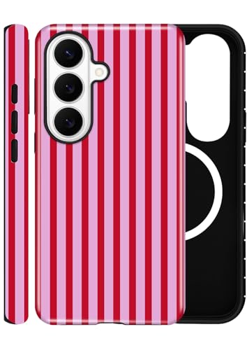 Coque Samsung S24 Plus MagSafe rose vif rigide hybride style rayé mignon pour femme