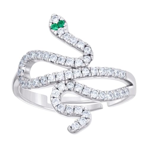 Bague serpent argent 925 femme avec zircone cubique verte taille 8 large