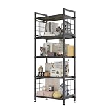GIOTORENT 5-Tier Pantry Shelves with Wooden Boards, Heavy Duty Storage Shelves & Book Shelf, Adjustable Metal Shelving Unit for Kitchen Bathroom Laundry Organizer, Sturdy Rust-Resistant, Black