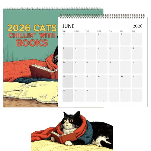 2026 Cat Wall Calendar UK Cats Chillin with Books Calendars Funny Cute 12 Month Hanging Monthly Planner with Full-Color Illustrations for Home Office School Creative Home Decor& Cat Lover Gift