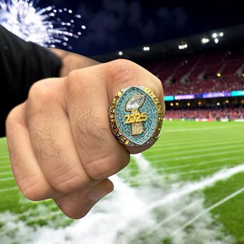 Legacy Rings 2025 Fantasy Football Championship Trophy Ring Gold Silver Tone, Award for Fantasy Football League Winner Light Blue Stones2