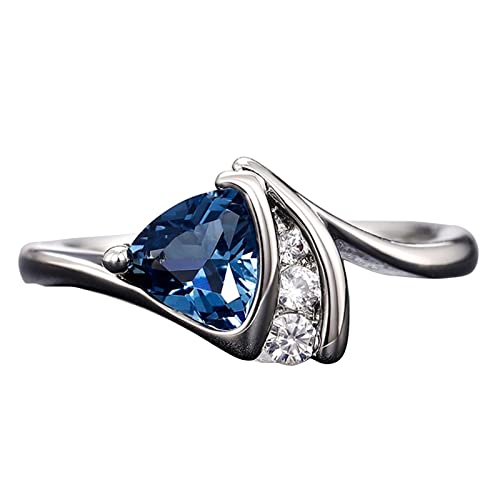 925 Sterling Silver Plated Trillion Cut Blue Cubic Zirconia Bypass Band Wedding Ring Engagement Ring for Women