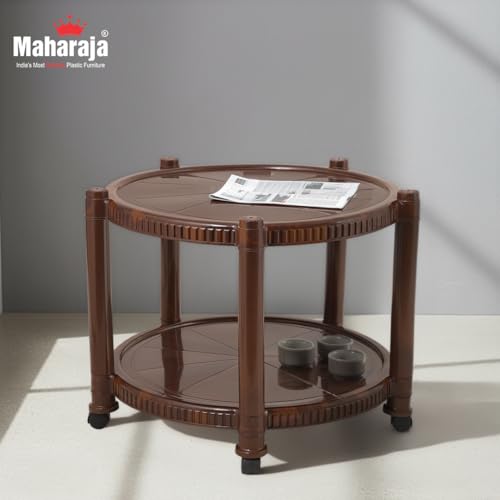Image of Maharaja Plastic Coffee Table with Wheels - Multipurpose Trolley Table for Home, Living Room, Balcony & Office Use (Teakwood.)