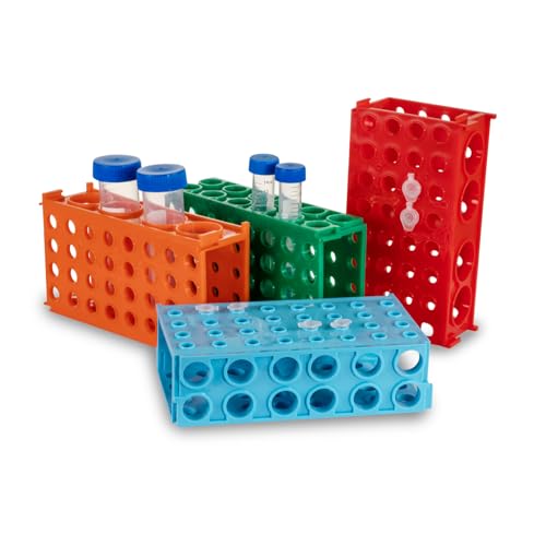 CryoKing 4 Way Tube Rack, Plastic Test Tube Holder, Centrifuge Tube Racks, 0.5ml/2ml/5ml/10ml/15ml/50ml Vials Stand for Lab Scientific Experiments Supplies (Blue, Green, Red, Orange), Pack of 4