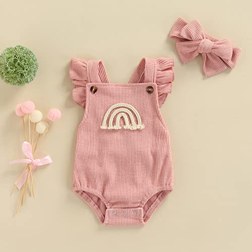 Hnyenmcko Newborn Baby Boy Girls Clothes Infant Rainbow Romper Waffle Ruffled Sleeveless Backless Bodysuit Jumpsuit Headband Outfit (B-Pink, 0-3 Months) #TOP1