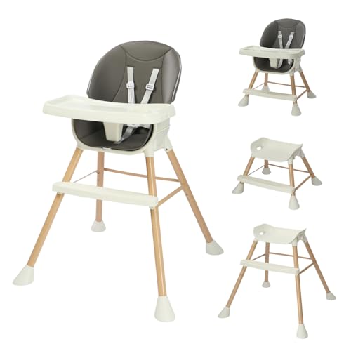 Bonnlo 4-in-1 Convertible Baby High Chair, Adjustable Height Highchair with Removable Double Trays and 5-Point Harness, Multi-Functional Feeding Chair for Toddlers 6-36 Months, Beige (Grey)