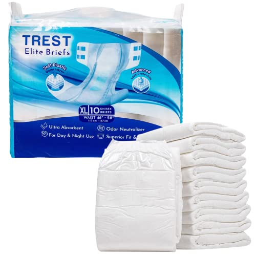 TREST Elite Briefs for Men and Women Overnight Diapers for Incontinence Elite Absorbency Comfortable Odor Neutralizing and Secure Fit with 2 Wide Tabs - White X-Large (Pack of 10)