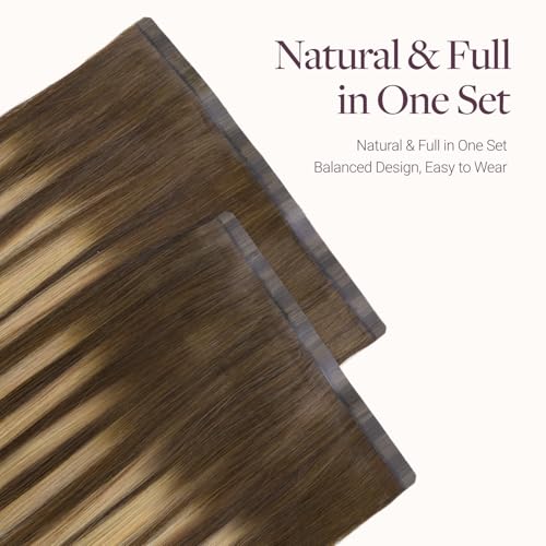 Image of GOO GOO Tape In Weft Hair Extensions Human Hair, 4 /27 /4 Balayage Chocolate Brown to Caramel Blonde, 8cm Wide Tape, 22inch 7pcs 140g, Tape Weft Hair Extensions, Seamless Tape in