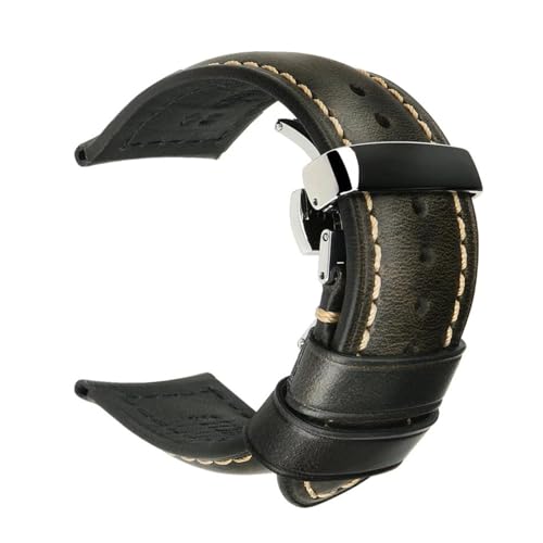 Bracelet en cuir véritable avec fermoir papillon élégant noir 24 mm
