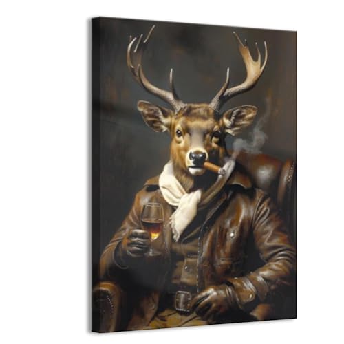 Cigar Whiskey Unframed Portrait Art Print Vintage Animal Deer Wall Decor Leather Jacket Chair Rustic Gentleman Lodge Head Dapper (12 * 18inch,Framed)