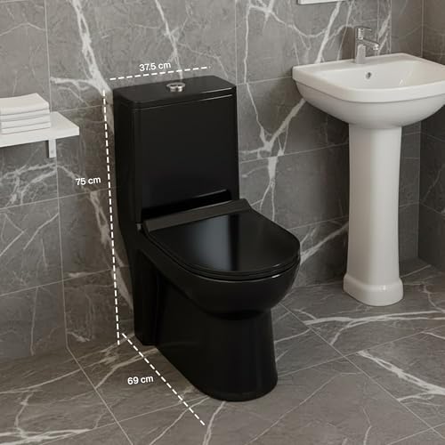 Image of KrissKross Premium Ceramic Rimless One Piece Western Toilet /Commode for Toilet /European Commode With Soft Close Seat Cover For Lavatory /Washdown Flush Commode With - S Trap Outlet (Matte Black)