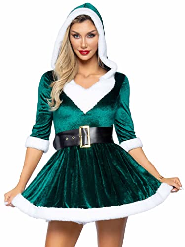 Leg Avenue Women's 2 Piece Mrs Claus Costume Set-Velvet Hooded Dress with Belt for Christmas, Green, Small/Medium