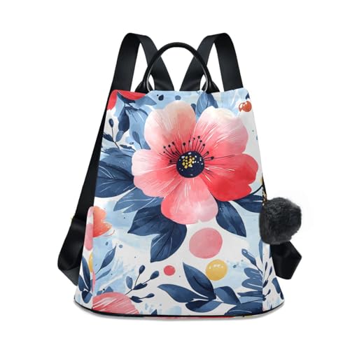 Coral Flower Blue Leaf Backpack for Women Anti Theft Large Fashion Travel Shoulder Bag Purse Rucksack Lightweight