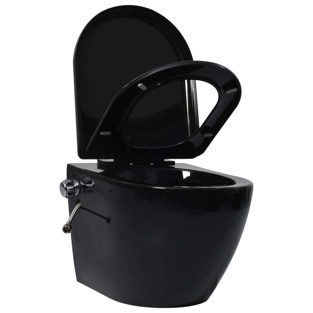 Wc - Inodoro de pared sin borde, cerámica negra con función de bidé, diseño que ahorra espacio para el baño, incluye piezas de fijación, descenso automático y superficie fácil de limpiar