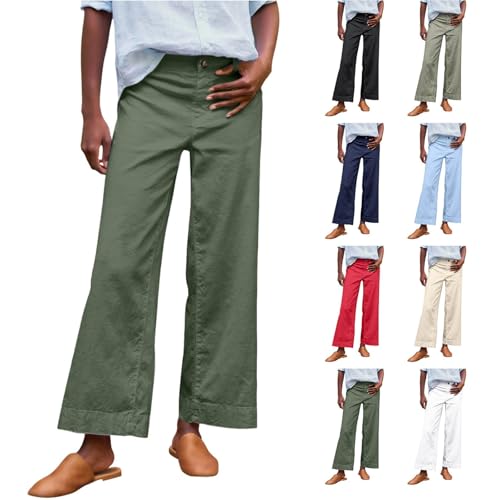 Women Linen Pants Straight & Wide Leg Cropped Pant High Waisted Business Casual Work Pants with Zipper Placket