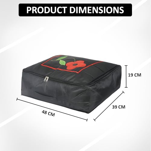 Image of Kuber Industries 2 Pcs Parachute Saree Cover for Storage with Zip Closure | Wardrobe Organizer for Storage | Saree Organiser for Wardrobe | Embroidery Design - Black