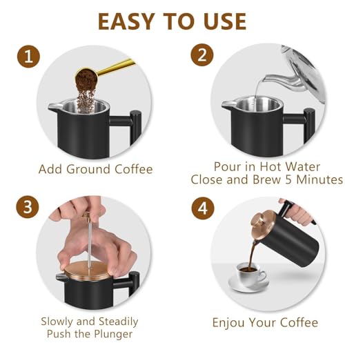Image of Black Mini French Press Coffee Maker 12oz, Single Cup French Press with Rose Gold Lid, 3 Extra Filters & 1 Gold Spoon(350ml Compact Travel Size) Dishwasher Safe