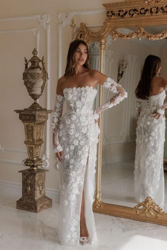 Strapless Wedding Dress for Bride 3D Flower Lace Bridal Gown Detachable Sleeves Prom Dress with Slit4