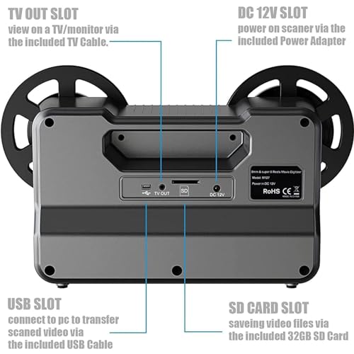 PixCy Escáner Película 8 Mm,Diapositiva Cámara,Escáner Negativo,Escáner Película,Convierte Convertidor Digitalizador Películas 8 Mm Y Super8, para Carretes De 3", 4" Y 5" - imagen 2