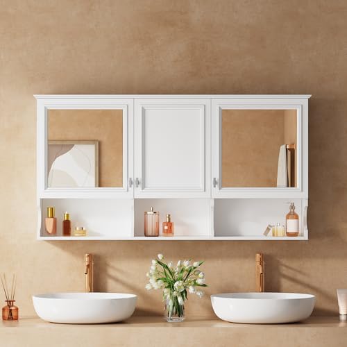 Virubi 55" Bathroom Wall Mounted Medicine Cabinet with 2 Mirror Doors,White