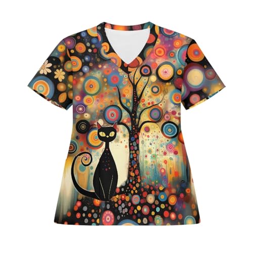 JoyLamoria Womens Scrub Tops Art Cat Shirts V Neck Short Sleeve Shirts Stretch Nurse Uniform Medical Scrubs with Pockets