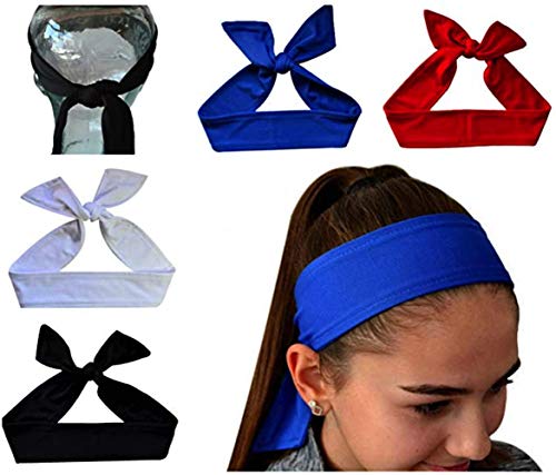 Funny Girl Designs 4 Pc. Sport Tie Back Moisture Wicking Headbands for Men & Women Stretch Sweatbands