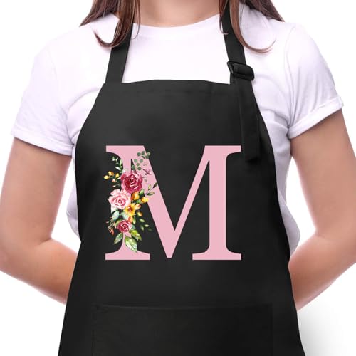 Personalisierte Initialen Schürzen Damen Kochschürze Baumwolle Verstellbare Küchenschürze mit Taschen zum Kochen Backen Geschenk für Frauen Mama Oma Freundin zum Geburtstag Muttertag Weihnachten M