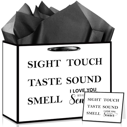 Yomaiha 5 Senses Gift Bag Black White 5 Senses Sight Smell Touch Taste Sound Gift Bags with Tissue Paper and Card Funny Birthday Gift Bags Birthday Anniversary Wedding Valentine's Day Gifts