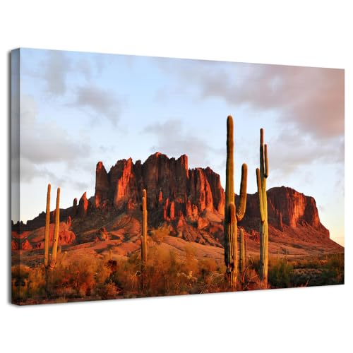 Superstition Mountain Wall Art for Living Room Arizona Western Landscape Wall Decor Desert Cactus Canvas Pictures Nature Sunset Mountains Scenery Painting Artwork Office Bedroom Home Decoration 12x16"