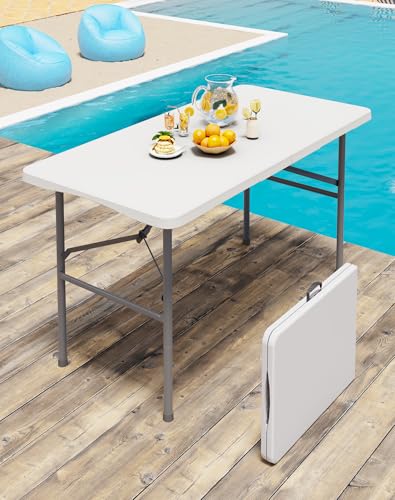 Linkriseed 4FT White Folding Table for Outdoor 4 Foot Picnic Tables No Assembly Required Portable White Foldable Table for Camping Parties Meeting Events Wedding BBQ with Carrying Handle