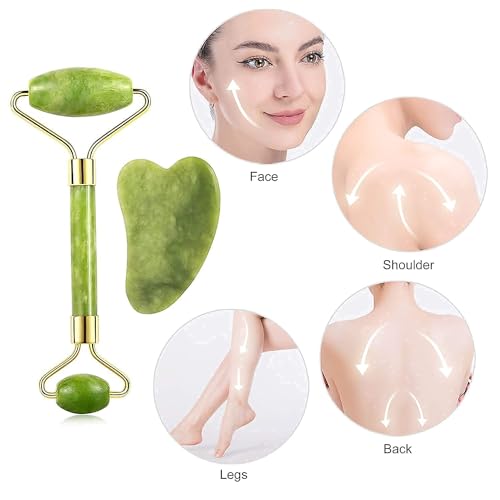 Image of NEW Facial Massager Jade Roller & Gua Sha Tool Natural Himalayan Stone For Face Neck Healing Skin Wrinkles & Serum Application Hair Scalp Brush & Ice Massager Combo Offer Pack Of 4