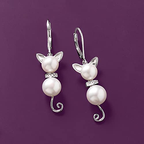 Ross-Simons 7.5-9mm Cultured Pearl and Diamond-Accented Cat Drop Earrings in Sterling Silver3