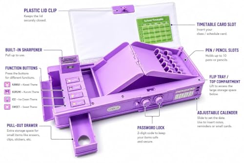 Image of WORSHIPER Multifunction Pencil Box for Girls with 2-Digit Password Lock, Built-in Sharpener & Calendar, Dual Sided Magnetic Geometry Compass Box School Gift (Kurumi Purple - Com.Box Password Lock)