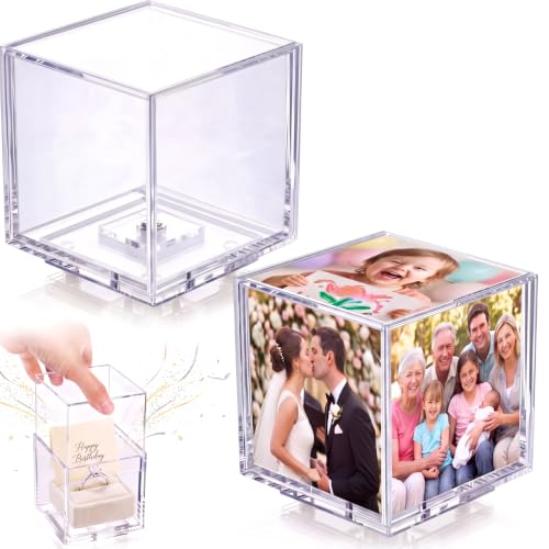 Lineshading 2 Pcs Acrylic Spinning Photo Cube with Silver Base 4x4 Photosand Holds 5 Photos and a Small Gift Can Be Regarded As Explosion Gift Box Accessories for Anniversary Birthday Wedding