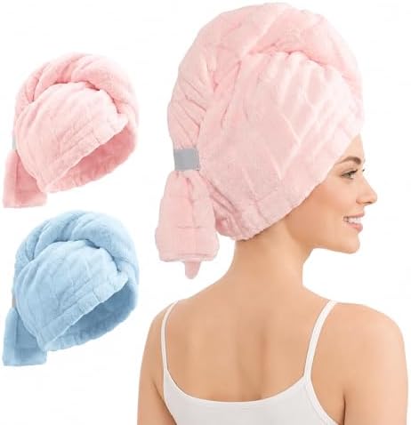 REDKISS 2 Pack Microfiber Hair Towel Wrap for Women, Super Absorbent Quick Dry Hair Turban for Thick Long Curly Hair, Large Stay-Put Anti-Frizz Hair Drying Towels, Pink Blue Gray
