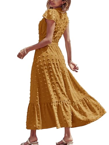 Image of CzzzyL Women Nursing Boho Maxi Dresses Cap Short Sleeve V Neck Swiss Dot High Waisted A-Line Ruffle Tiered with Pockets