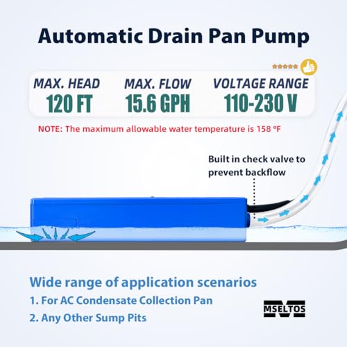 Image of MSELTOS 15.8 GPH 120 FT Max Head Drip Pan HVAC Condensate Pump 110V /230V w /Automatic Safety Switch, Quiet Removal Auto Sump Pump Submersible Water Pump for AC, Dehumidifier, Furnace, Basements