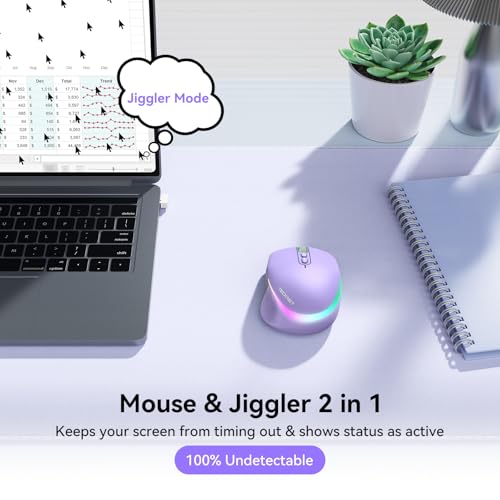 TECKNET Wireless Mouse Jiggler, Rechargeable Mouse with Built-in Mouse Mover, 6 Adjustable DPI & 14 LED Modes, Silent Click, Undetectable Random Movement Keeps Computer Awake for Laptop/PC/Mac- Purple — view 3