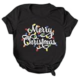 Mujeres Navidad Moda Casual Carta Impresión Manga Corta Cuello Redondo Camiseta Suelta Blusa Tops Guantes Niños Con Cremallera, Negro , XL