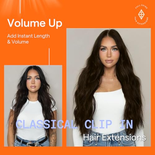Image of Full Shine 26 Inch Dark Brown Clip in Human Hair Extensions | Soft Straight Brown Remy Human Hair Clip in Extensions for Long Hair, 7 Pcs 150g