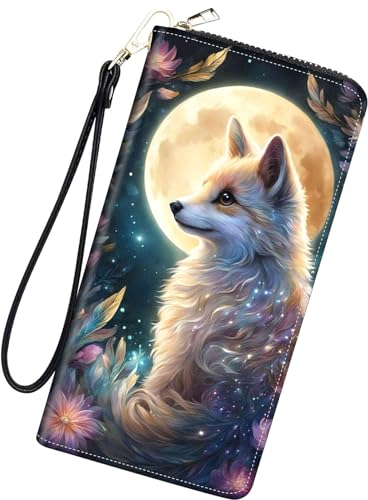 Qindaiwen Women Wallets Large Capacity Clutch Purse for Men Women Ladies Slim Purse Credit Card Holder, RFID Blocking Wristlet Cell Phone Wallet for Men Women, Fox Moon