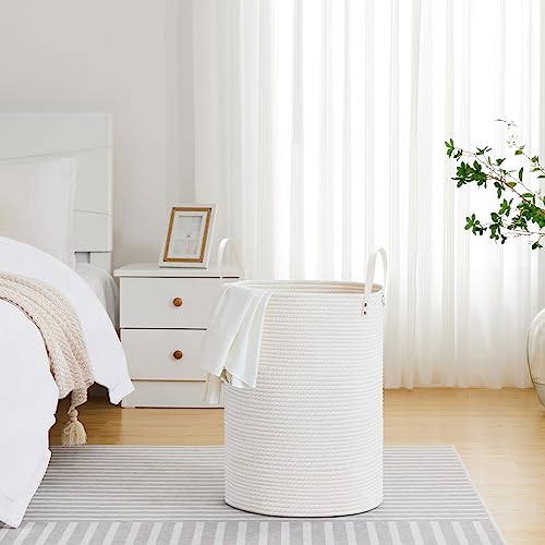 Image of VIPOSCO 72L Tall Woven Rope Laundry Hamper, Leather Handles, White | Large Wicker Laundry Basket for Dirty Clothes, Blanket, Toy, Towel, Yoga Mat, Storage Bin in Bedroom, Bathroom, Living Room