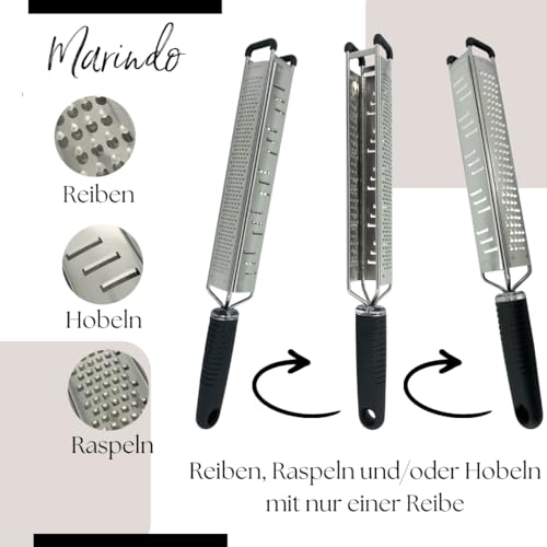 Foto von MARINDO Premium Zester 3 in 1 – Reiben, Raspeln & Hobeln | Parmesanreibe, Zitronenreibe, Muskatnuss Reibe, Ingwerreibe u.v.m. | Fein & Grob Edelstahl