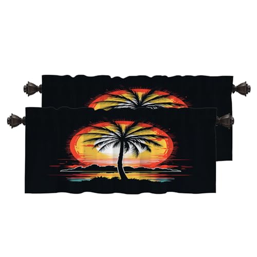 BaoNews Sunset Palm Blackout Kitchen Curtain, Tropical Island Scene Window Treatment Rod Pocket Light Filtering Bathroom Short Valance 2 Pack 52X18 Inches