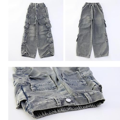 Spring Fashion Denim Cargo Pants for Girls Fashion Preppy Wide Leg Pants Lightweight Solid Color Jeans Multi Pockets4