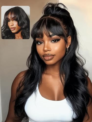 UNICE Body Wave Human Hair Wig with Wispy Bangs, Glueless 7x5 Lace Front Wig Pre Cut Pre Plucked Bleached Knots, Beginner Friendly Ready to Wear Drawstring Wig, Natural Black 180% Density 18 Inch